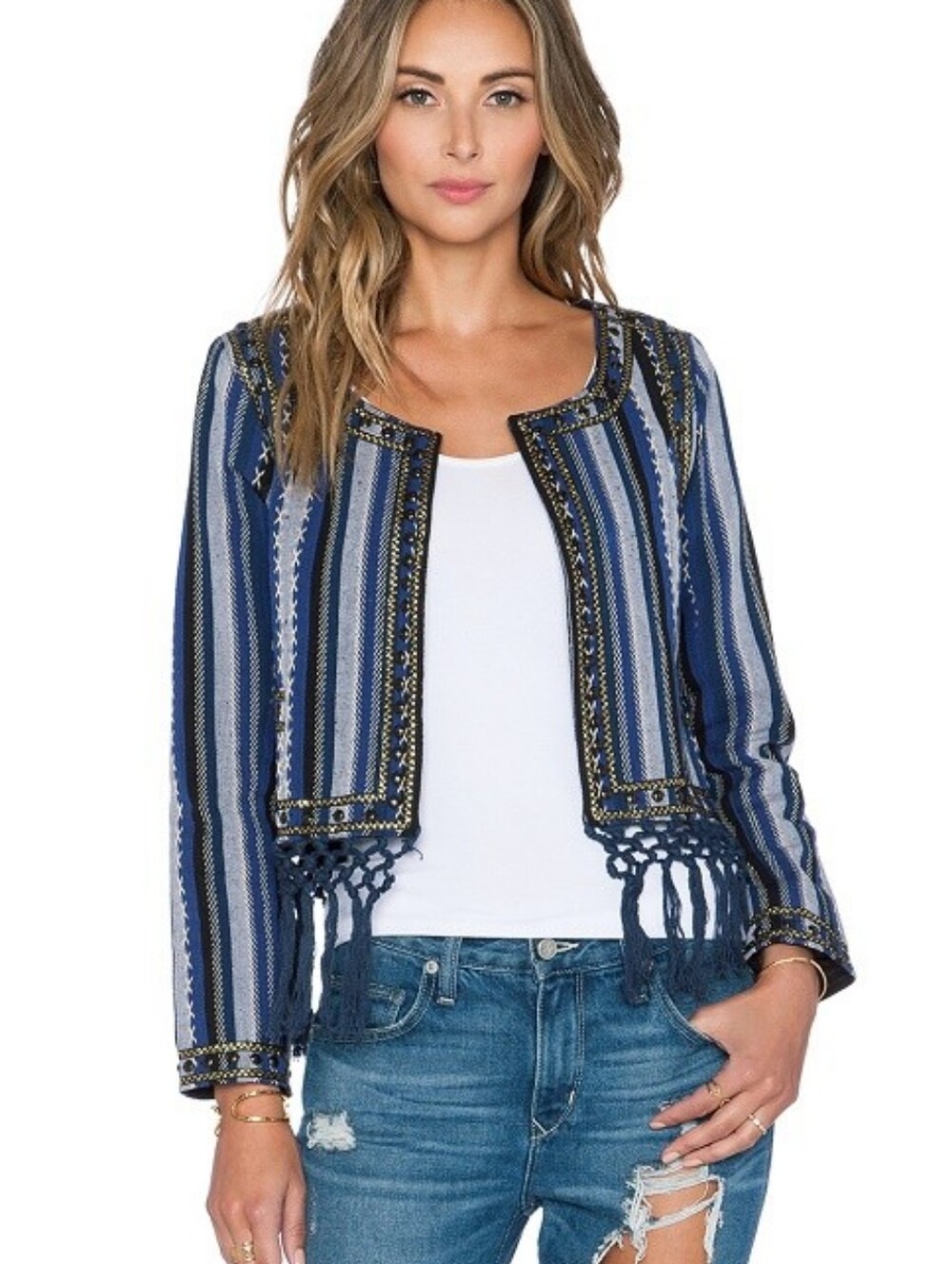 Tularosa Revolve Santa Fe Fringe Jacket Tapestry Aztec Stripe Studded Blue